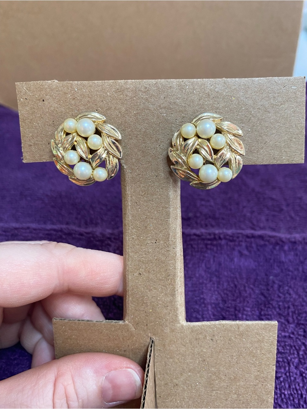 Trifari Gold-Tone Leaf Earrings with Cream Pearls